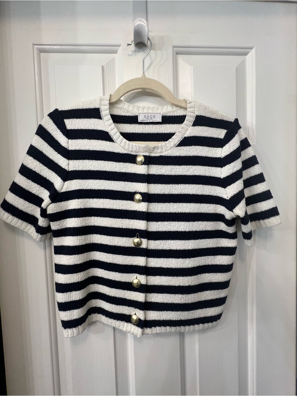 Sage Navy and White Striped Short-Sleeve Cardigan with Gold Buttons